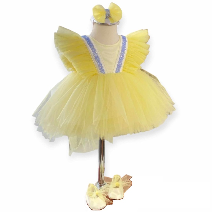 Rochita Botez Felicia, tip printesa, 3 piese, tulle galben, Marimea 62 (2 - 4 luni), RoAna Atelier