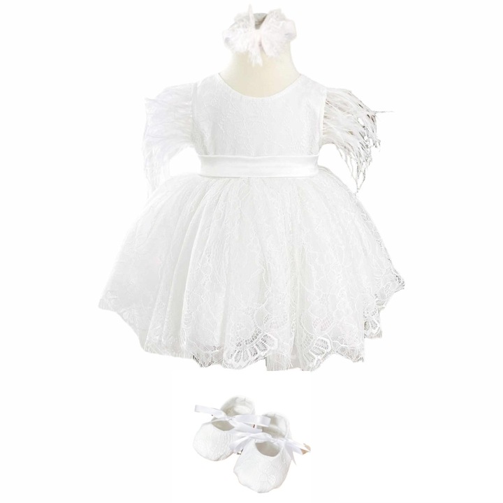 Rochita Botez Alma, tip printesa, cu dantela si pene de strut, 3 piese, alba, Marimea 62 (2 - 4 luni), RoAna Atelier