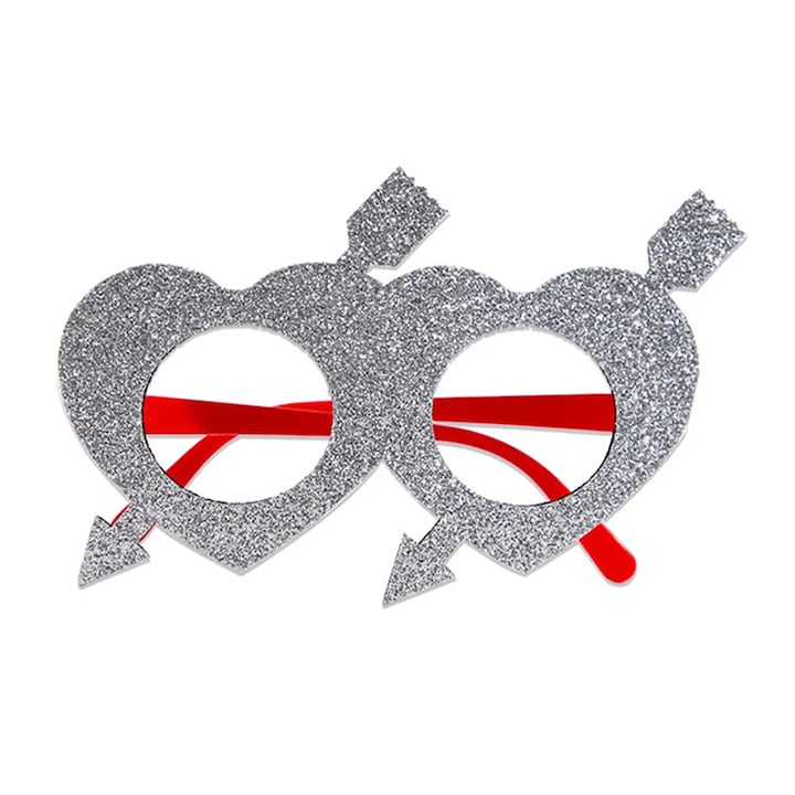 Ochelari amuzanti fara lentile, model petrecere cool, inimioare cu sageti, tematica festival party, argintii, EFAYN