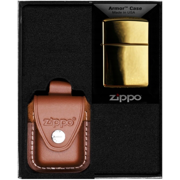 Set Bricheta Zippo Armor High Polished Brass, Etui Piele Maro, Metal, in Cutie Cadou