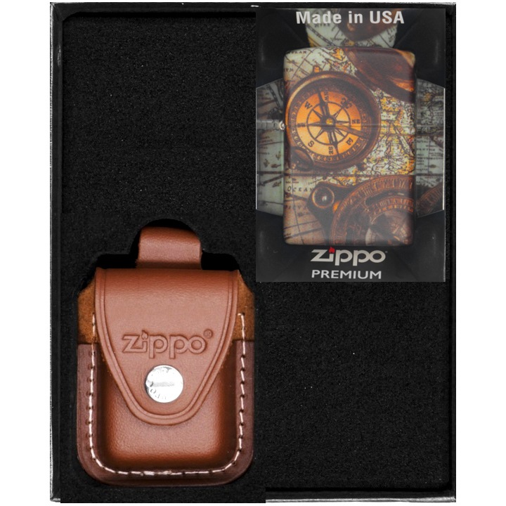 Set Zippo, bricheta originala si etui din piele maro, rezistenta la vant, in cutie de cadou