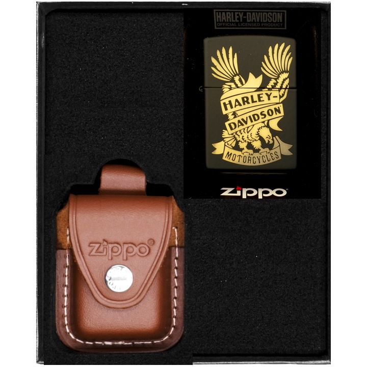 Set Bricheta Zippo Harley Davidson Eagle, etui piele, metal, maro
