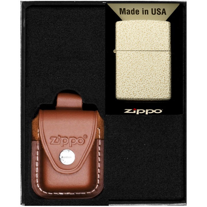 Set Bricheta Zippo, Etui Piele Maro, Metal, WINDPROOF, in Cutie Cadou