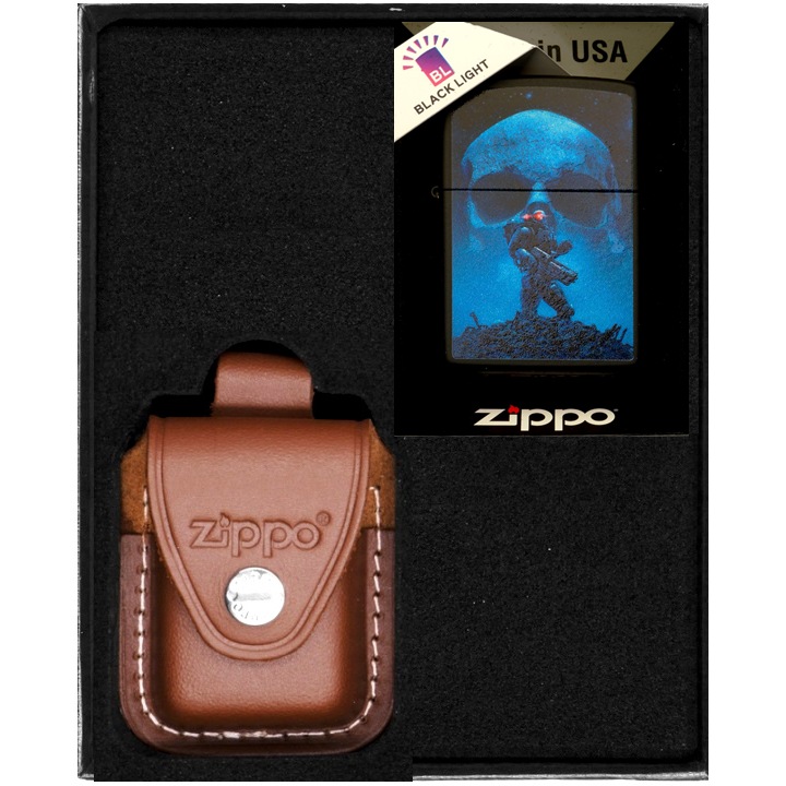 Set bricheta Zippo, etui din piele maro, rezistent la vant, metal, in cutie cadou