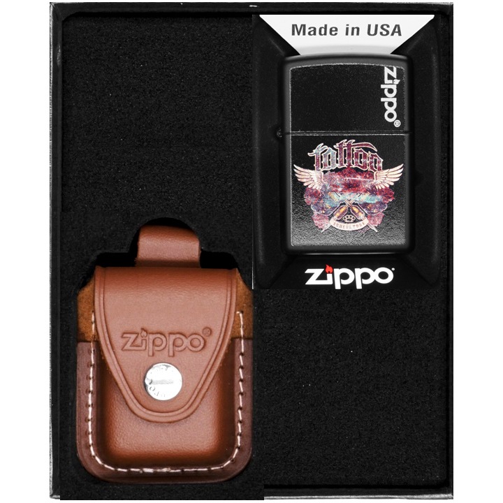 Set bricheta Zippo, etui din piele maro, rezistent la vant, metal, in cutie cadou