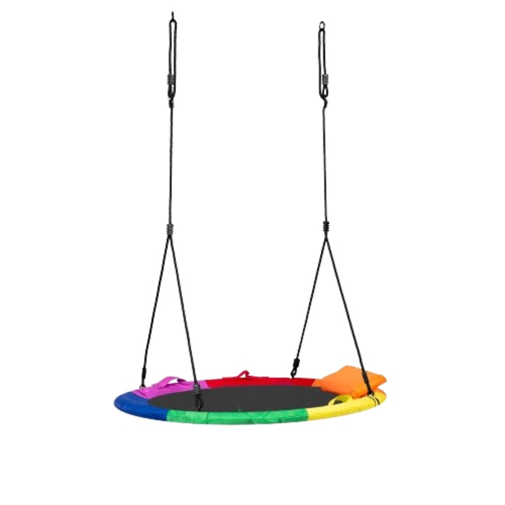 Leagan cuib DacEnergy©, cadru otel, poliester Oxford 600D, forma rotunda, cu perna confortabila, greutate maxima 150 kg, 120 cm, multicolor