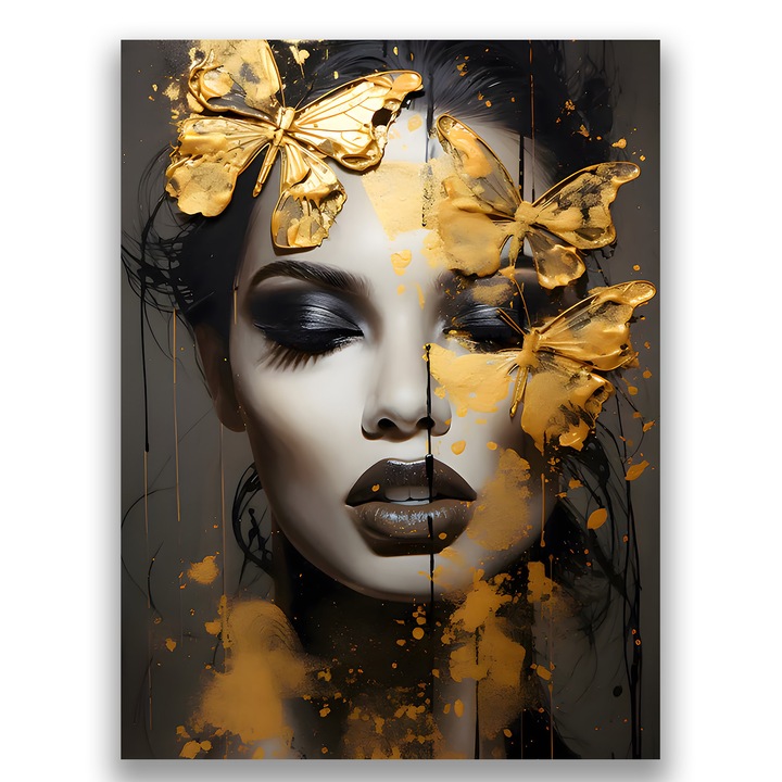Tablou Canvas Premium, LuxCanva® A1509, Butterfly And Girl, 90 X 120 CM, Panza Bumbac 100% 400g/m2, Sasiu Lemn, Fluturi, Frumusete, Insecte, Auriu, Decorativ, Room, Culori Vibrante