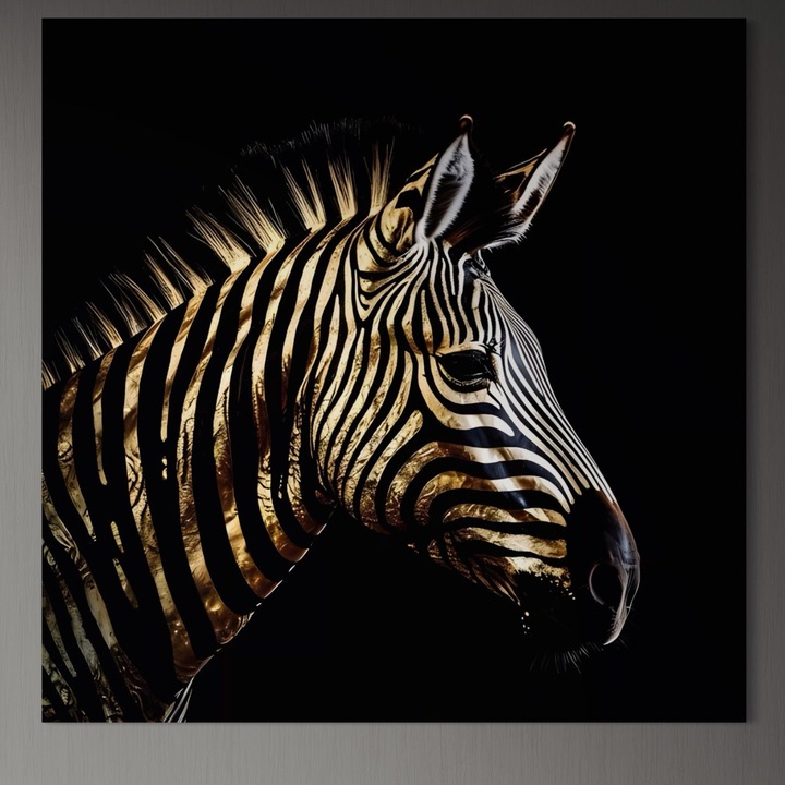 Премиум картина върху платно, LuxCanva® A1514, Златна зебра, 75 X 75 см, 100% памучно платно 400 г/м2, дървена рамка, стая, животно, сафари, злато, декоративно, хол, ярки цветове