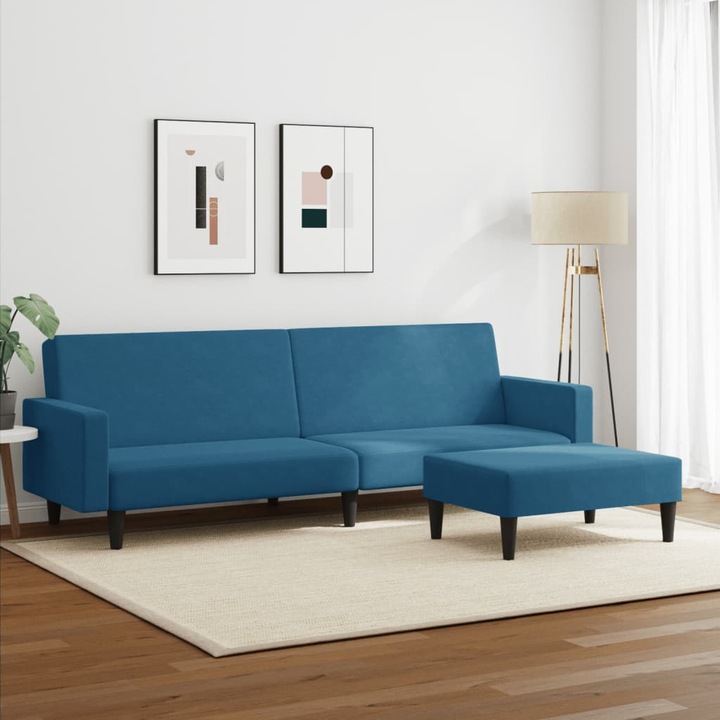 Canapea extensibila cu 2 locuri si taburet vidaXL, albastru, catifea, 32 kg