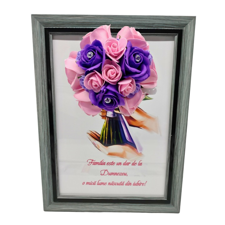 Tablou in rama A4 (30x21 cm) - Familia este un dar de la Dumnezeu, o mica lume nascuta din iubire! - v10 decorat cu flori de sapun mov - roz