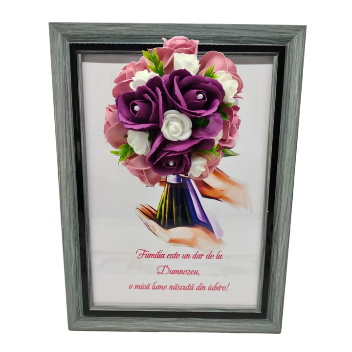 Tablou in rama A4 (30x21 cm) - Familia este un dar de la Dumnezeu, o mica lume nascuta din iubire! - v10 decorat cu flori de sapun visiniu - roz pal