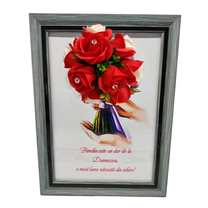 Tablou in rama A4 (30x21 cm) - Familia este un dar de la Dumnezeu, o mica lume nascuta din iubire! - v10 decorat cu flori de sapun rosii