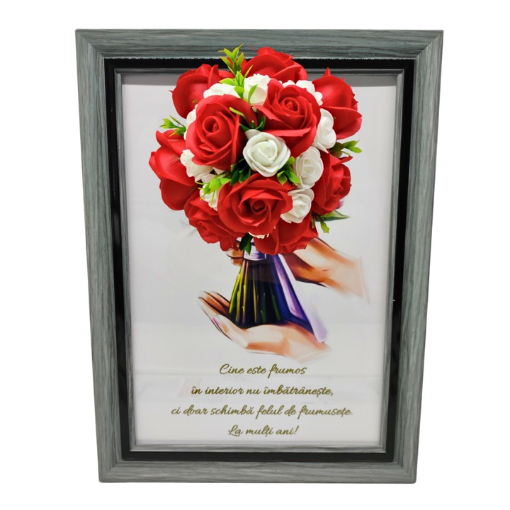 Tablou in rama A4 (30x21 cm) - Cine este frumos in interior nu imbatraneste, ci doar schimba felul de frumusete - v10 decorat cu flori de sapun rosu - alb