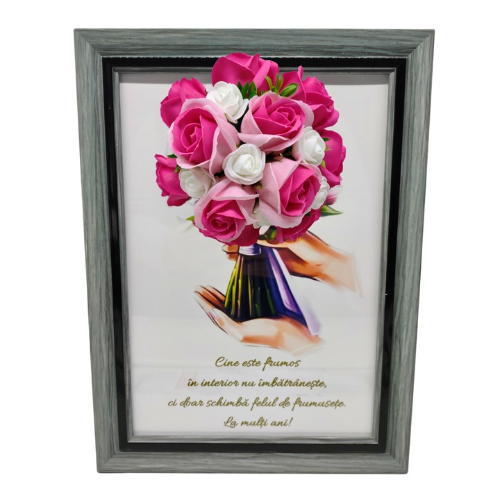 Tablou in rama A4 (30x21 cm) - Cine este frumos in interior nu imbatraneste, ci doar schimba felul de frumusete - v10 decorat cu flori de sapun roz - roz inchis