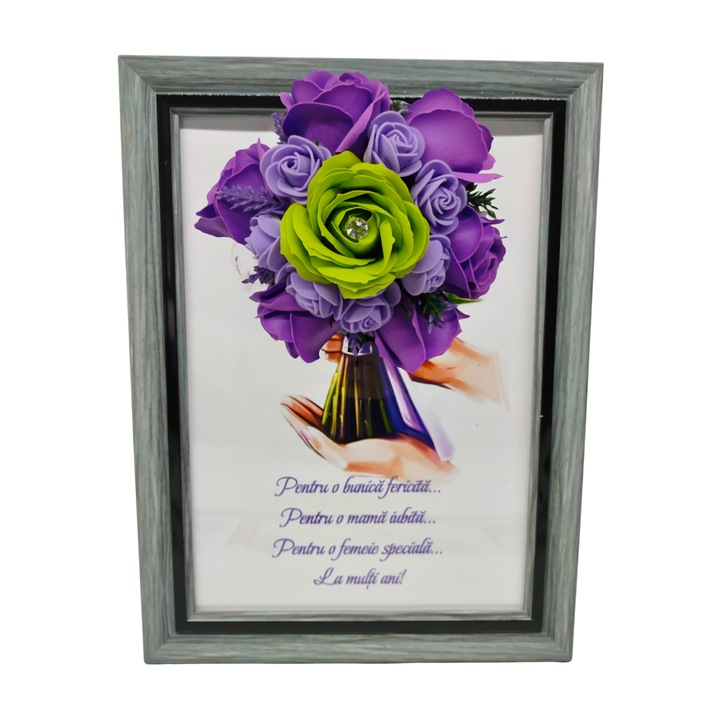 Tablou in rama A4 (30x21 cm) - Pentru o bunica fericita, pentru o mama iubita, pentru o femeie speciala! - v10 decorat cu flori de sapun mov - verde