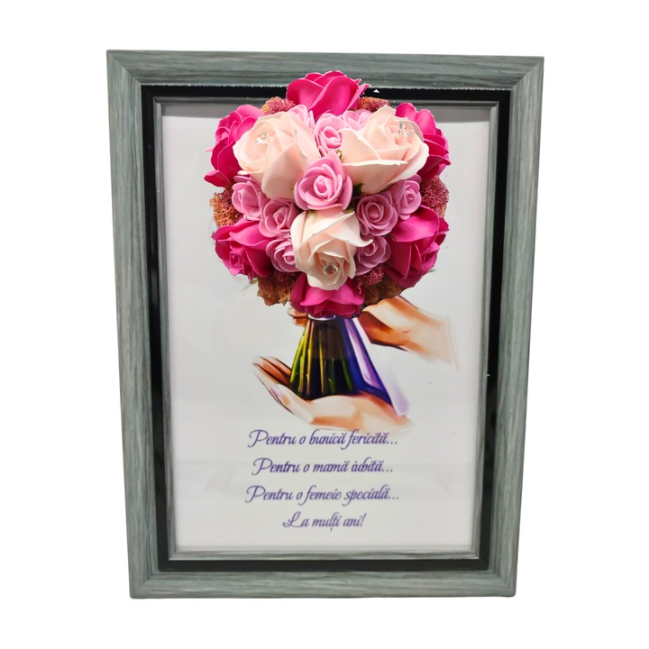 Tablou in rama A4 (30x21 cm) - Pentru o bunica fericita, pentru o mama iubita, pentru o femeie speciala! - v10 decorat cu flori de sapun roz - roz pal