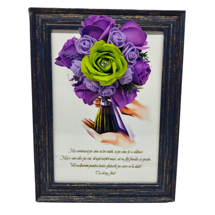 Tablou in rama A4 (30x21 cm) - Nu conteaza pe cine ai in viata, ci pe cine ti-e alaturi - v11 decorat cu flori de sapun mov - verde