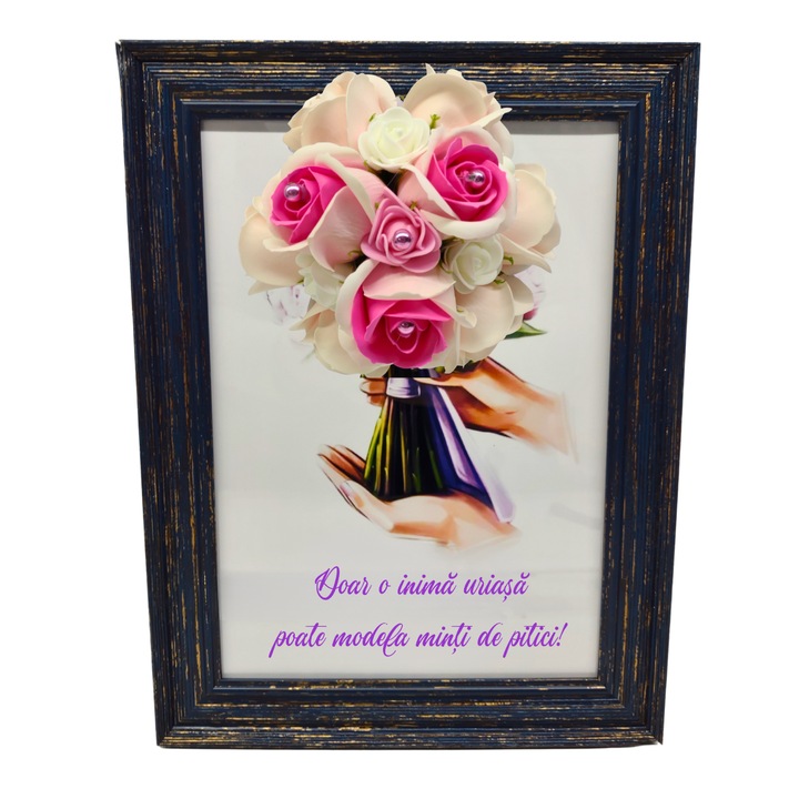 Tablou in rama A4 (30x21 cm) - Doar o inima uriasa poate modela minti de pitici! - v11decorat cu flori de sapun roz deschis