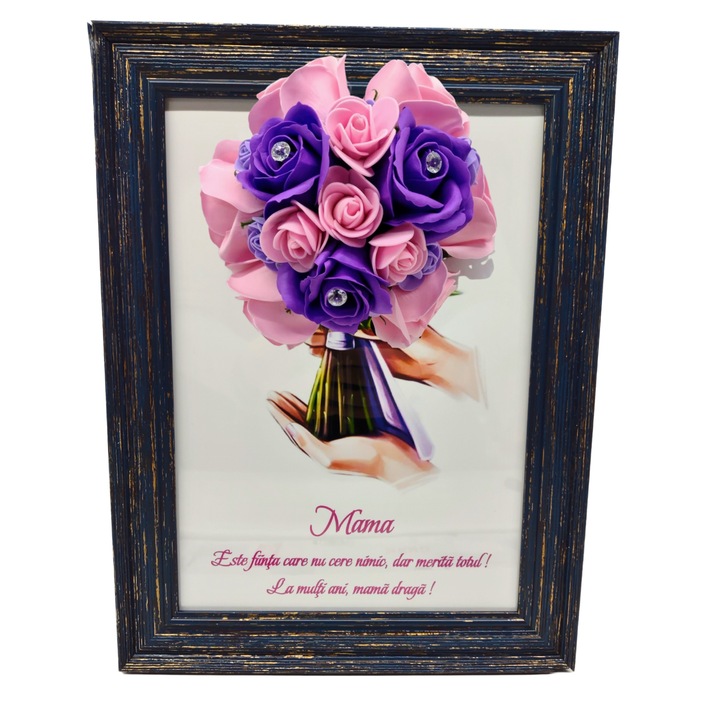 Tablou in rama A4 (30x21 cm) - Mama, Este fiinta care nu cere nimic, dar merita totul! La multi ani, mama draga! - v11 decorat cu flori de sapun mov - roz