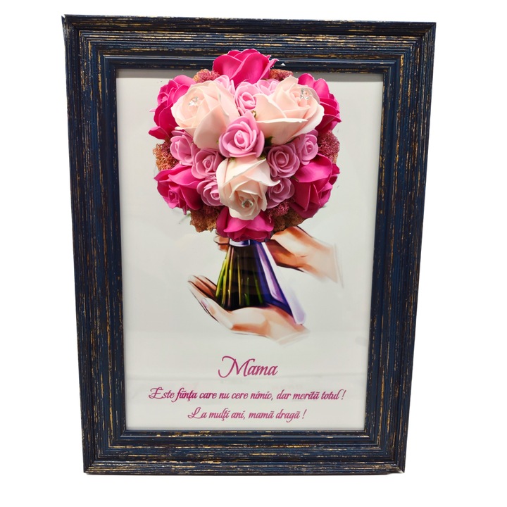 Tablou in rama A4 (30x21 cm) - Mama, Este fiinta care nu cere nimic, dar merita totul! La multi ani, mama draga! - v11 decorat cu flori de sapun roz - roz pal