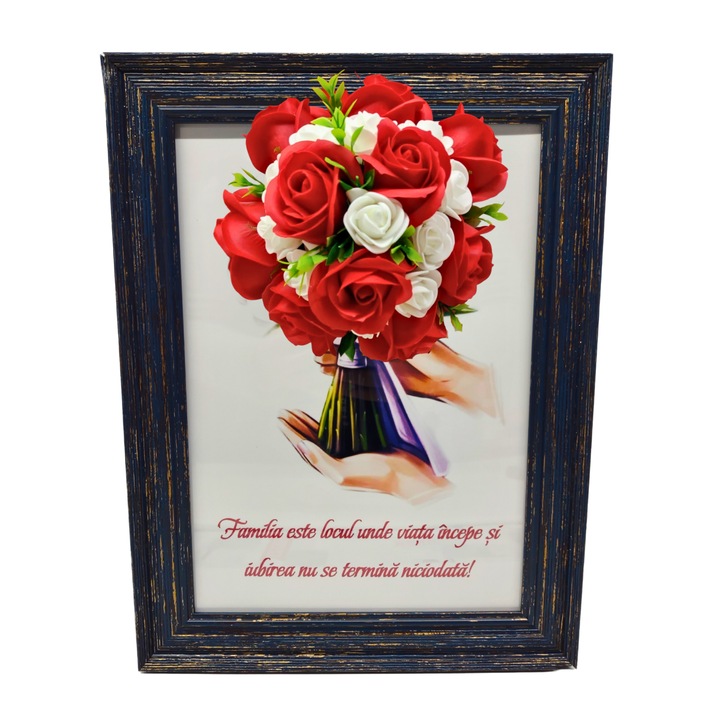 Tablou in rama A4 (30x21 cm) - Familia este locul unde viata incepe si iubirea nu se termina niciodata - v11 decorat cu flori de sapun rosu - alb