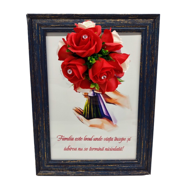 Tablou in rama A4 (30x21 cm) - Familia este locul unde viata incepe si iubirea nu se termina niciodata - v11 decorat cu flori de sapun rosii