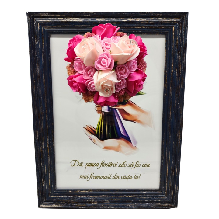 Tablou in rama A4 (30x21 cm) - Da sansa fiecarei zile sa fie cea mai frumoasa din viata ta! - v11 decorat cu flori de sapun roz - roz pal