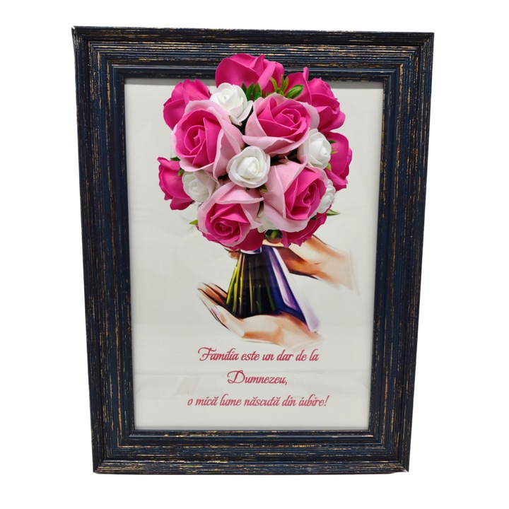 Tablou in rama A4 (30x21 cm) - Familia este un dar de la Dumnezeu, o mica lume nascuta din iubire! - v11 decorat cu flori de sapun roz - roz inchis