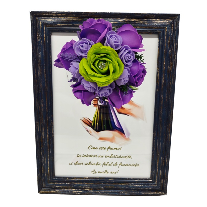 Tablou in rama A4 (30x21 cm) - Cine este frumos in interior nu imbatraneste...La multi ani! - v11 decorat cu flori de sapun mov - verde