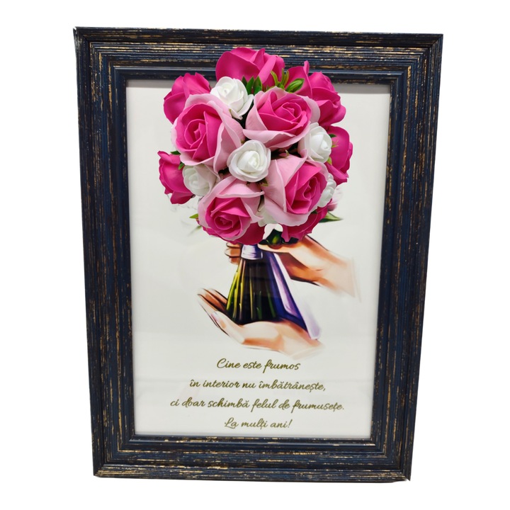 Tablou in rama A4 (30x21 cm) - Cine este frumos in interior nu imbatraneste... La multi ani! - v11 decorat cu flori de sapun roz - roz inchis