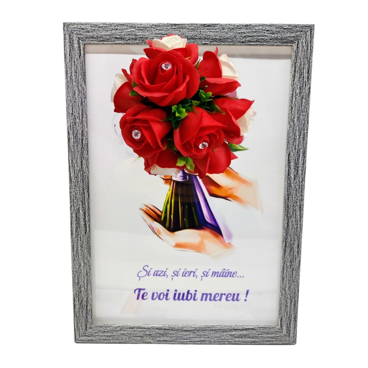 Tablou in rama A4 (30x21 cm) - Si azi, si ieri, si maine...Te voi iubi mereu! - v12 decorat cu flori de sapun rosii