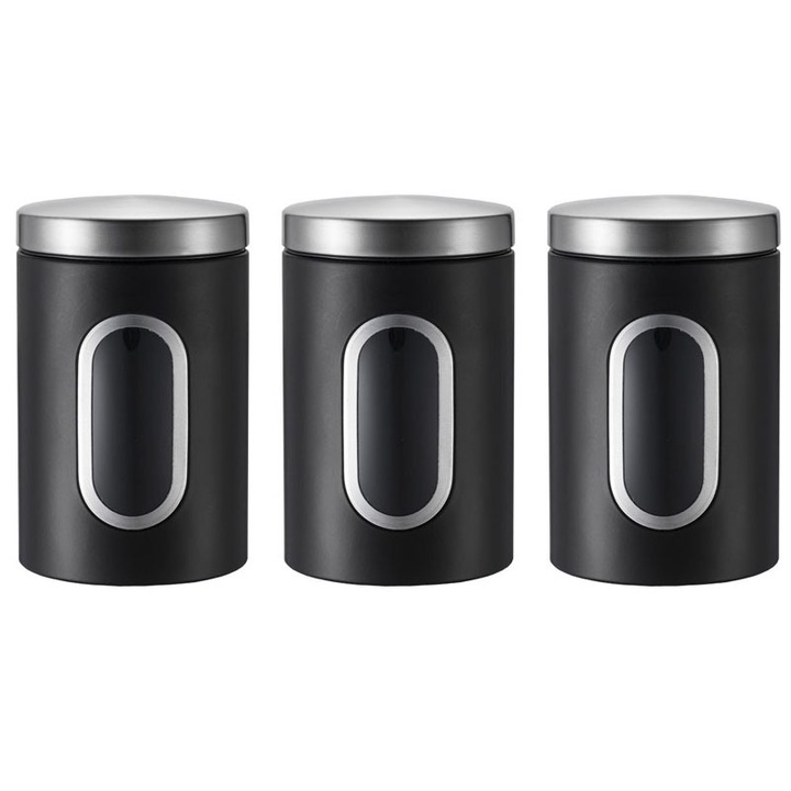 Set de 3 borcane din otel inoxidabil cu fereastra transparenta, pentru cafea, ceai, zahar, 11x17.5cm, negru