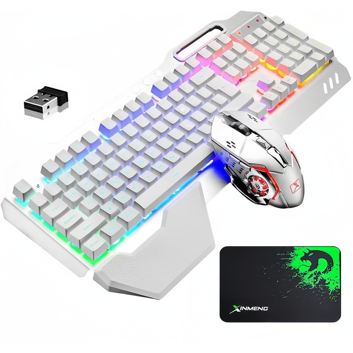 Tastatura gaming mecanica MOSMAOO®Wireless, Bluetooth, 2.4Ghz, RGB, Functie Hot-Swap, Soft customizabil RGB, Compatibila Play Station, Baterie 4000 mAh, Argintiu