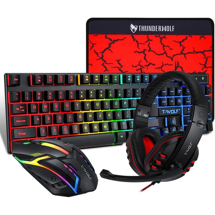 Tastatura gaming mecanica MOSMAOO®, 4 in 1, Tastatura, Mouse, Casti, Mousepad, Soft customizabil RGB, Compatibila Play Station, Negru/Roz