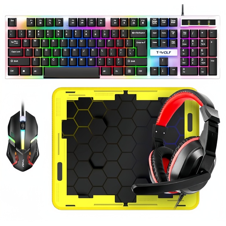 Tastatura gaming mecanica MOSMAOO®, 4 in 1, Tastatura, Mouse, Casti, Mousepad, RGB, Compatibila Play Station, Negru/Galben