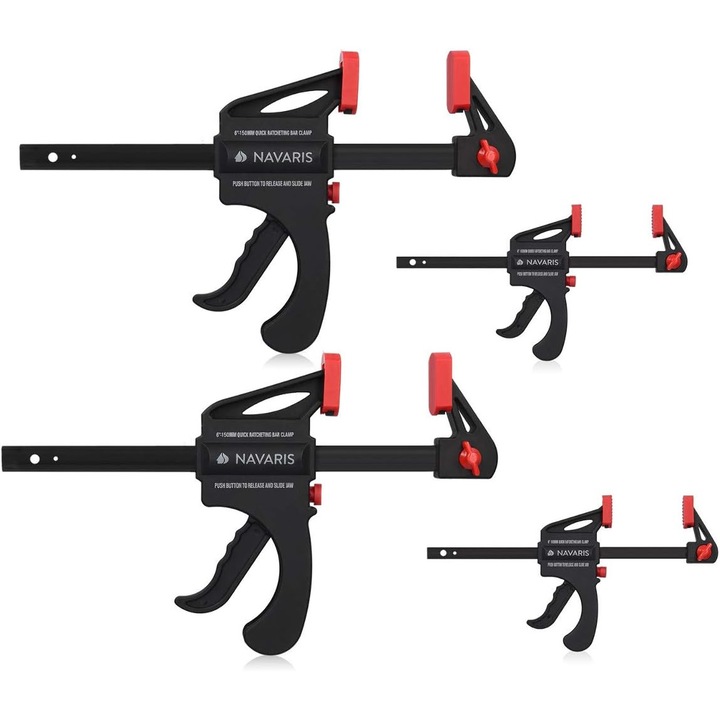 Set de menghine portabile profesionale Navaris, cu cleme de fixare ajustabila si presare, deschidere de 100-150 mm, forta de prindere 20-60 Kg, 4 bucati