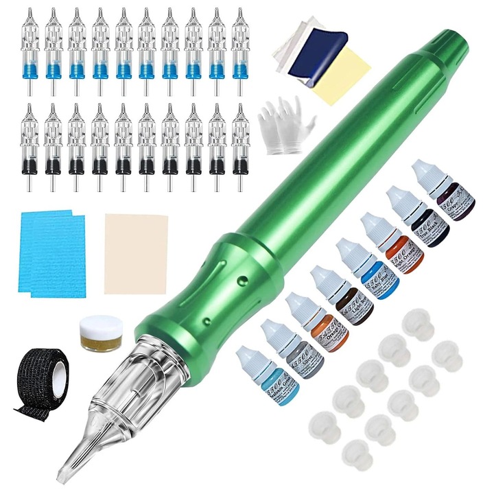 Комплект химикалки за татуировки, RASK, 20 игли, 8 цвята, 10 цветни чаши, ергономичен дизайн, професионален, Алуминий, Зелен