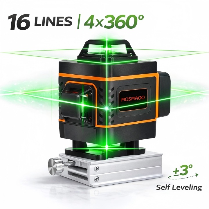 Nivela laser LHP171, MOSMAOO®, Precizie milimetrica, Profesionala, ± 3° domeniu de autonivelare, 16 linii, 4x360º, IP-54, Portocaliu cu Negru