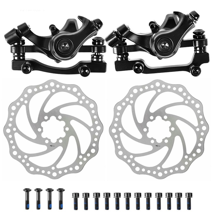 Set etriere frana disc mecanic si disc frane, Axroad Mall, F160-R140/F180-R160, 160 mm, Distanta orificiilor este de 44 mm, Cu suruburi si placute frana, Pentru biciclete de munte, Aluminiu, Negru