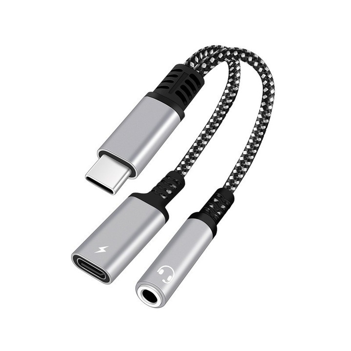 Аудио адаптер за телефон, JENUOS® Chip DAC, USB-C до 3,5 mm, Съвместим с iPad Pro Air Type-C, Samsung S21 S20 Ultra Z Flip S20+ Note 20 S10 S9 Plus, сребрист/черен