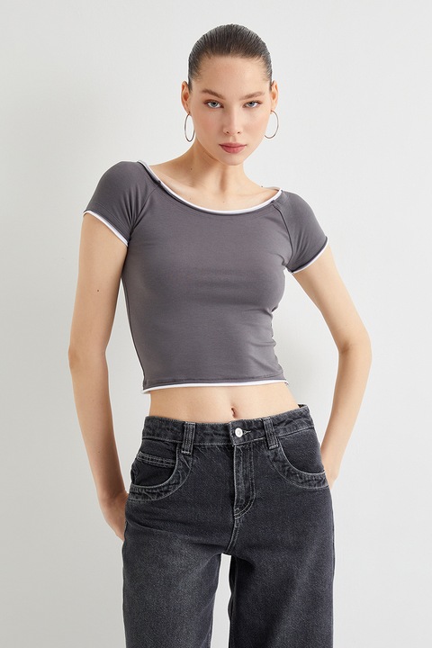 KOTON, Tricou crop slim fit, Gri, XL