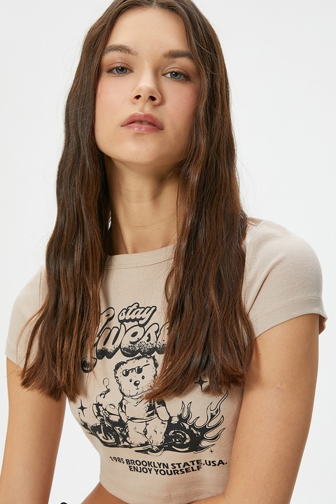 KOTON, Tricou crop slim fit, Maro deschis