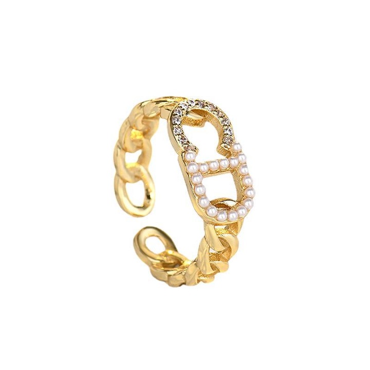 925 ezüst gyűrű, CD betűk, cirkónia, gyöngy, állítható nyílás