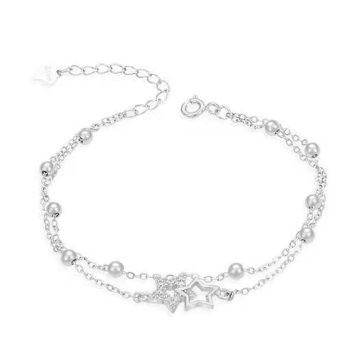 Bratara dama argintiu, model galaxie, dublat, accesorii stelute si bilute si zirconiu, reglabila