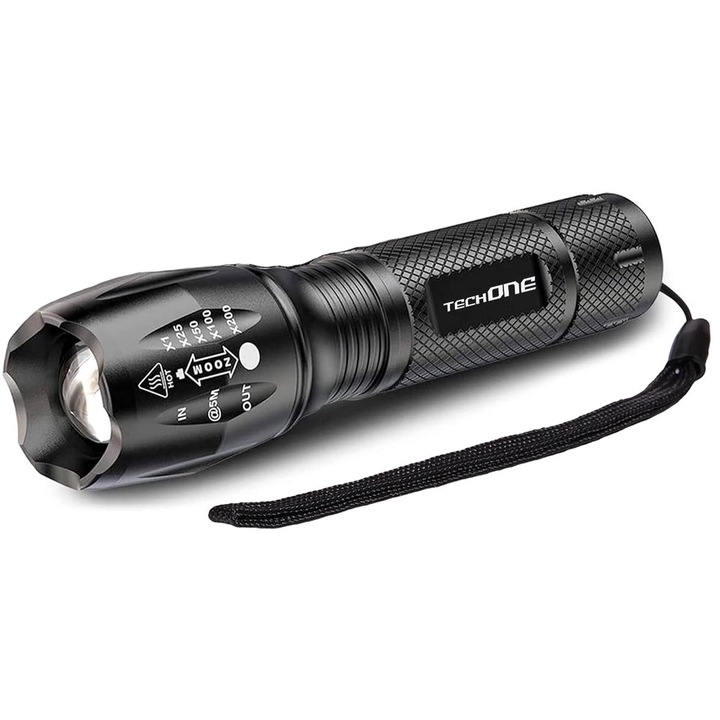 Techone® Vision Pro LED фенер, 1500 лумена, алуминий, 5 режима на осветяване, водоустойчивост, батерии или акумулатор 18650, Zoom, SOS режим черен