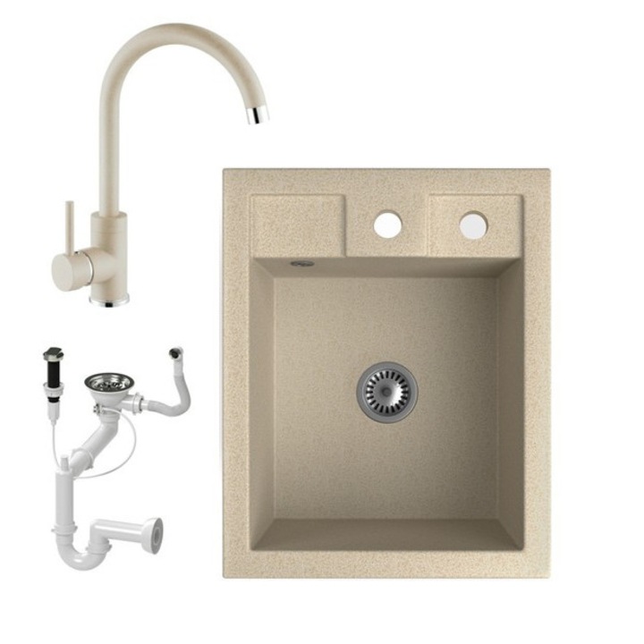 Nero Parma, Gránit mosogató szett, magasított csapteleppel és dugóemelős szifonnal, 40 cm, Bézs