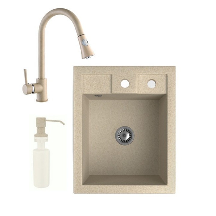 Nero Parma, Gránit mosogató szett, Snake csapteleppel, adagolóval és szifonnal, 40 cm, Bézs