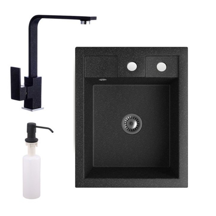 Nero Parma, Gránit mosogató szett, Design csapteleppel, adagolóval és szifonnal, 40 cm, Fekete