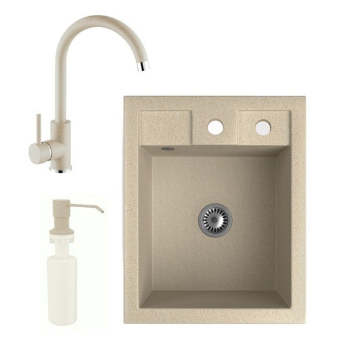 Nero Parma, Gránit mosogató szett, magasított csapteleppel, adagolóval és szifonnal, 40 cm, Bézs