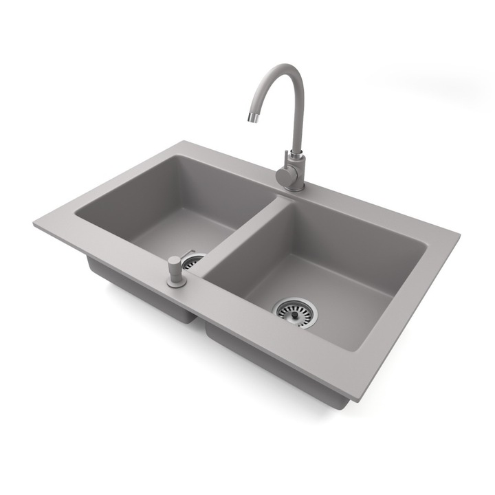 Nero Verso, Gránit mosogató szett, magasított csapteleppel, adagolóval és szifonnal, 75, 5 cm, Szürke